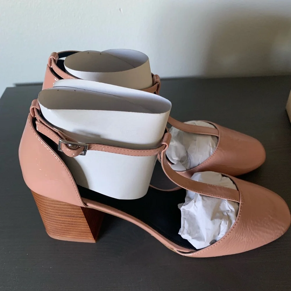 ASOS Blush Patent T-Strap Block Heel Sandals - Picture 2 of 7